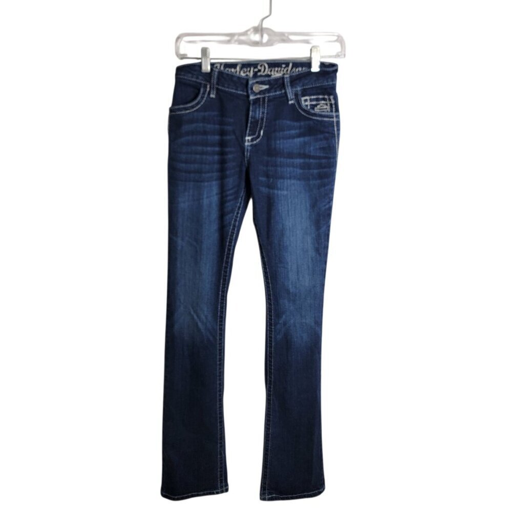 Harley Davidson Angel Wing Biker Bling Pocket Jeans Womens 0 Tall Y2K Dark Wash - Picture 4 of 12